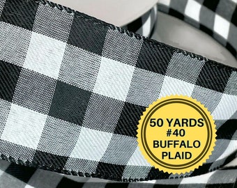 Buffalo Check Wired Ribbon, 50 Yards, Black and White Ribbon, #40 Ribbon, Black & White Buffalo Ribbon,  Wired Ribbon for Wreaths, Christmas