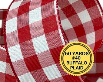 Buffalo Check Wired Ribbon, 50 Yards, Red and White Ribbon, #40 Ribbon, Red & White Buffalo Ribbon,  Wired Ribbon for Wreaths, Christmas