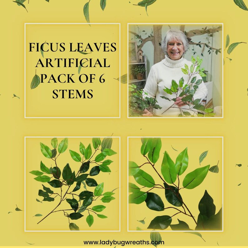May include: A pack of 6 artificial ficus leaves stems. The leaves are a vibrant green color and have a realistic look. The stems are perfect for adding a touch of greenery to any space.