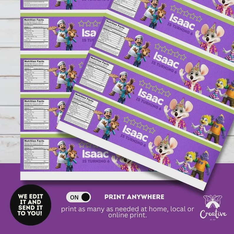 Isaac Labels Chuck E Cheese Birthday Party Bottle Labels: Printable Water Bottle ...