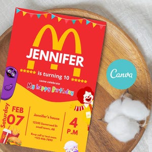May include: A birthday invitation in red and yellow, featuring the McDonald's logo and the name "Jennifer". The invitation includes the text "is turning 10" and "My happy Birthday". It also features cartoon characters and the date.
