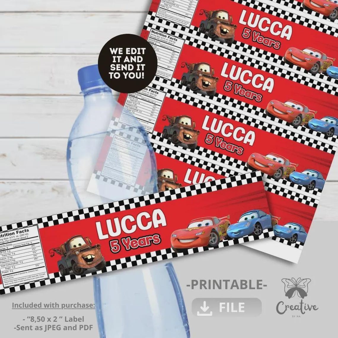 Cars Birthday Party Bottle Labels: Printable Water Bottle Wrappers (PNG ...
