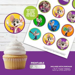 May include: A cupcake with a white frosting swirl next to a sheet of printable cupcake toppers. The toppers feature a cartoon mouse in various poses, surrounded by colorful circles. Text on the sheet reads "WE EDIT IT AND SEND IT TO YOU!" and "PRINTABLE FILE".