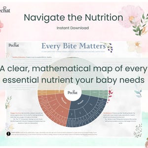 May include: A digital download graphic with the text "Navigate the Nutrition" and "Every Bite Matters." The graphic includes a circular chart detailing essential nutrients for babies, with floral and butterfly accents.