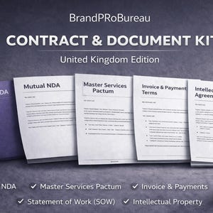 May include: A Contract & Document Kit, United Kingdom Edition, featuring a purple book labeled "Mutual NDA" and several white documents. The documents include "Master Services Pactum," "Invoice & Payment Terms," and "Intellectual Property Agreement." A pen and a UK flag are also present.