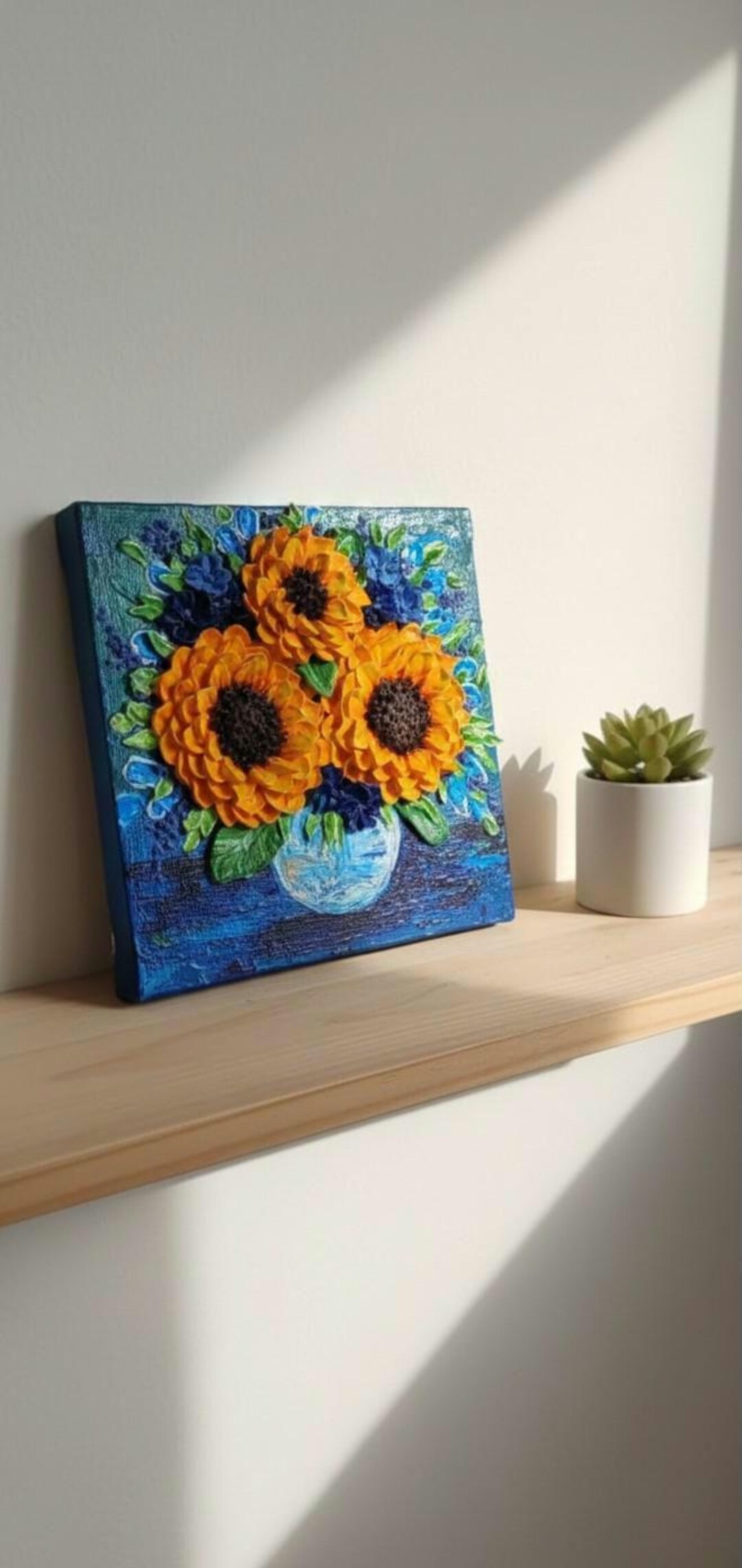 Textured Sunflower Painting, Impasto Floral Art, Blue Vase, (8x8) - Etsy