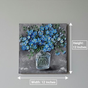 Handmade 3D Blue Floral Impasto Painting, Textured Acrylic Vase Art (12x12 Inches) image 1