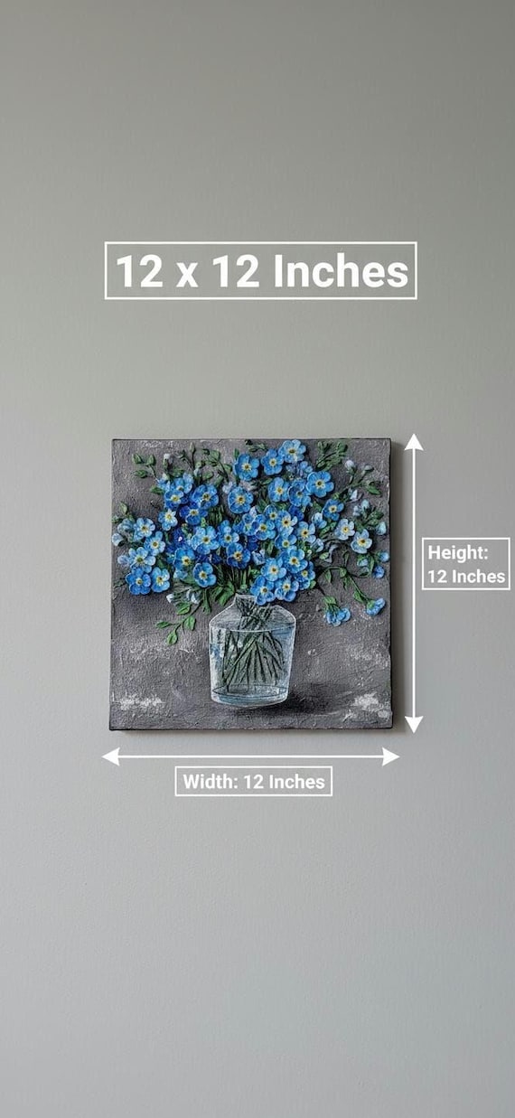 Handmade 3D Flower Painting on Canvas | Blue Floral Wall Art | Textured Acrylic Art | 12x12 Inches Home Decor | Unique Gift for Her