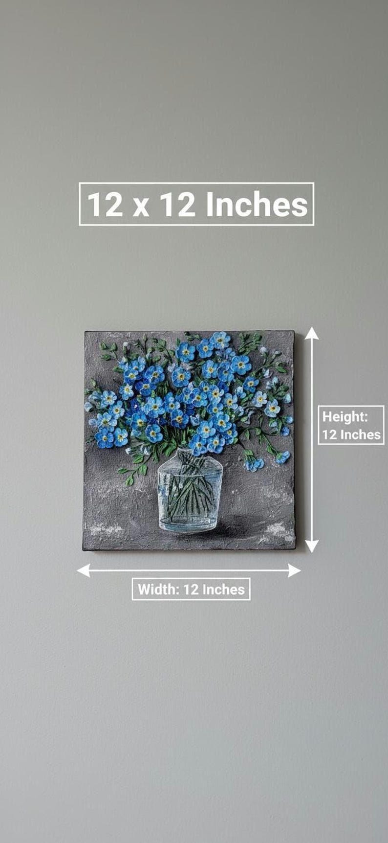 Handmade 3D Blue Floral Impasto Painting, Textured Acrylic Vase Art (12x12 Inches) image 1