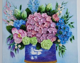 Heavy texture thick acrylic painting: textured hydrangeas and rose bouquet/ modern vase decor gift (12*12”) canvas.