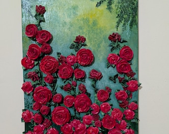 Handmade 3D Red Rose Painting | Textured Floral Canvas Art (12x18 inches)|Gift for her