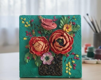 Handmade 3D Floral Art: Textured Flower Basket on Canvas/Modern Home Decor Gift