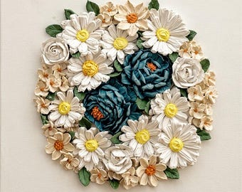 Handmade 3D Floral Wall Art, Textured Daisies Peonies Canvas Decor (12x12")