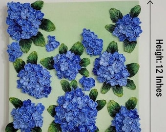 Personalised Heavy texture thick acrylic paint 3D Blue Hydrangea Floral Wall Art | heavy Textured Painting (12x12 inches) | Gift for her