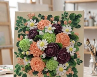 3D Floral Canvas Art: Textured Acrylic Painting, Cottagecore Home Decor (8x8)