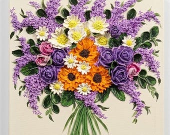 Textured 3D Floral Painting: Hydrangeas, Roses, Orchids, Sunflowers (12x12" Canvas)