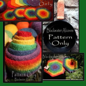 May include: A digital download pattern for felting rainbow-colored wool into various shapes, including coasters, bowls, and a nesting set. The pattern is titled "Blackwater Alcoves Pattern Only".