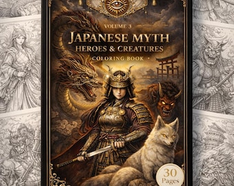 Japanese Mythology Coloring Book, Yokai Heroes, Folklore Creatures (Printable PDF)
