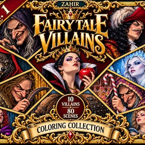 Può includere: Una copertina di un libro da colorare intitolata Zahir Fairy Tale Villains Vol. 1 con dieci personaggi illustrati tra cui una strega, un lupo, una regina con una mela e un pirata. La cornice dorata include rose rosse e il testo 10 Villains 80 Scenes.