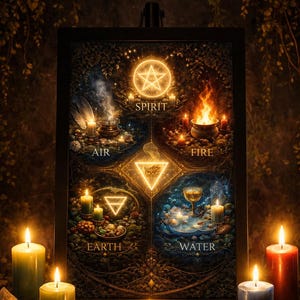 May include: A mystical image showing a framed illustration of the four elements: Spirit, Air, Fire, Earth, and Water. The scene is illuminated by several lit candles in shades of green, white, blue, and red, creating a magical atmosphere.