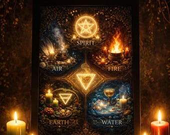 Wicca 5 Elements Printable Wall Art | Air Fire Water Earth Spirit | Dark Gold Witchy Home Decor | A4 + US Letter | Instant Download