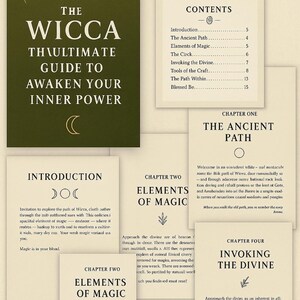 May include: A book cover with the title "The Wicca: The Ultimate Guide to Awaken Your Inner Power" in white text on a dark green background. The image also shows the table of contents and chapter titles.