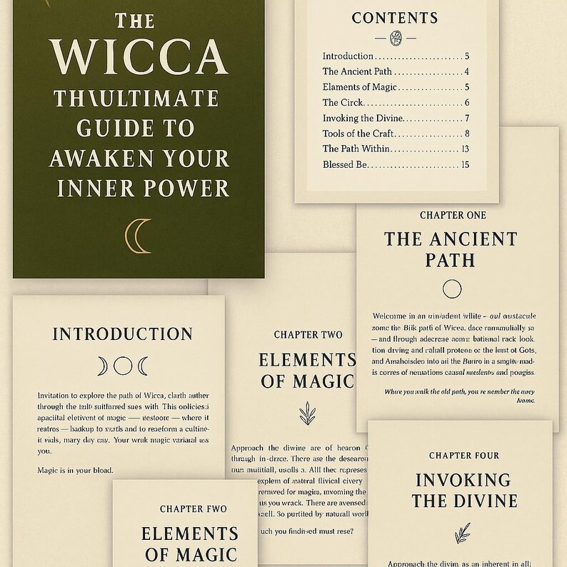 May include: A book cover with the title "The Wicca: The Ultimate Guide to Awaken Your Inner Power" in white text on a dark green background. The image also shows the table of contents and chapter titles.