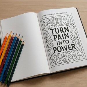 Puede incluir: Un libro para colorear abierto con el texto "TURN PAIN INTO POWER" en negro. Un juego de lápices de colores en varios colores, incluyendo naranja, amarillo, rojo, azul y verde, se colocan junto al libro abierto.