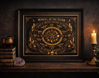 Wicca Wheel of the Year Printable Wall Art | Pagan Sabbats Calendar | Dark Gold Witchy Home Decor | A4 + US Letter | Instant Download