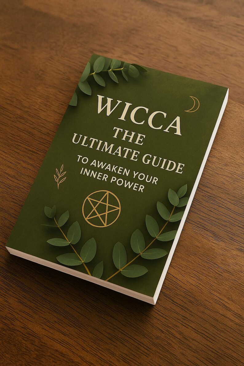 May include: A green book titled "Wicca The Ultimate Guide To Awaken Your Inner Power." The cover features gold accents, including a crescent moon, a pentagram, and leaf illustrations. The book is on a wooden surface.