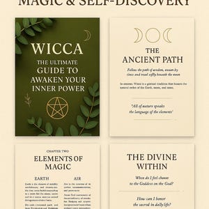 May include: Printable spiritual guide of witchcraft, magic, and self-discovery. The image shows four cards with text about Wicca, the ancient path, elements of magic, and the divine within. The cards have a beige background with green leaf accents.