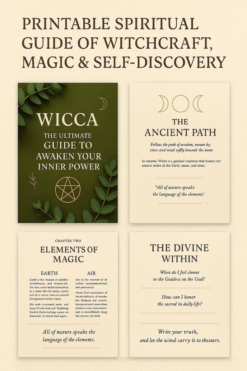 May include: Printable spiritual guide of witchcraft, magic, and self-discovery. The image shows four cards with text about Wicca, the ancient path, elements of magic, and the divine within. The cards have a beige background with green leaf accents.