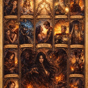 May include: A detailed illustration featuring the Jungian Archetypes. The artwork showcases various figures representing different archetypes, such as The Persona, The Lover, and The Hero. The color palette is dominated by warm tones, with intricate details and a fantasy theme.