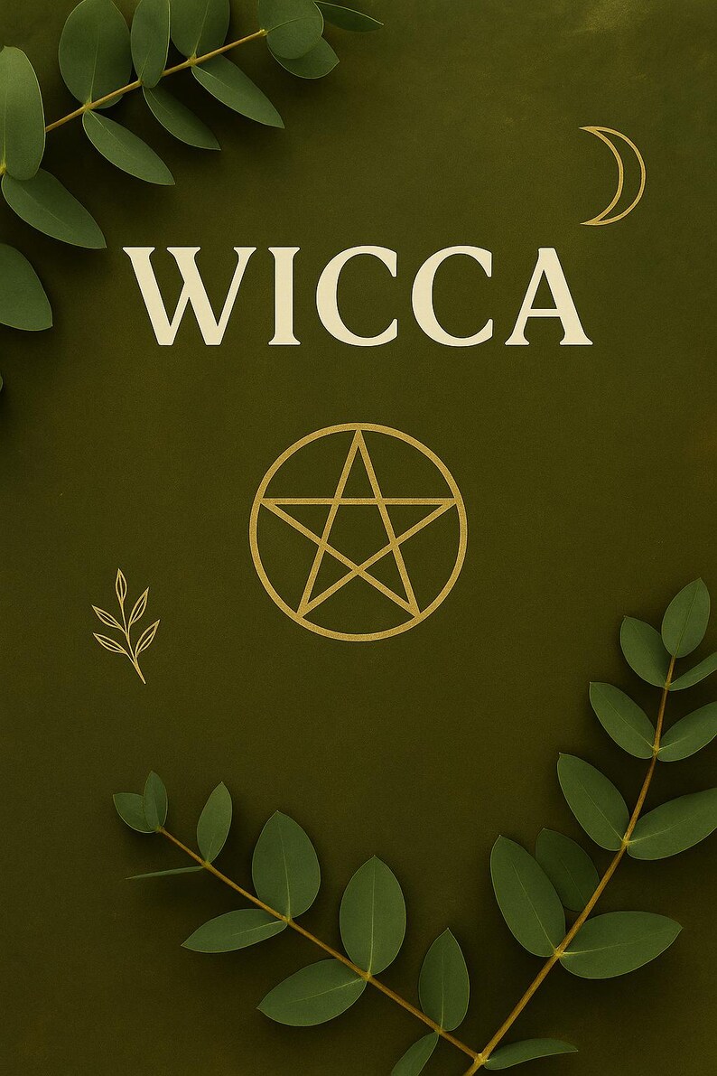 May include: A dark green background with the word "WICCA" in a cream-coloured serif font. A gold pentagram and crescent moon are featured, along with green leafy branches and a small sprig.