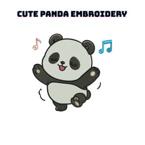 May include: An embroidery design featuring a panda with black and white fur, closed eyes, and a pink tongue. The panda is surrounded by a light pink musical note on the left and a blue musical note on the right. The text CUTE PANDA EMBROIDERY is above.