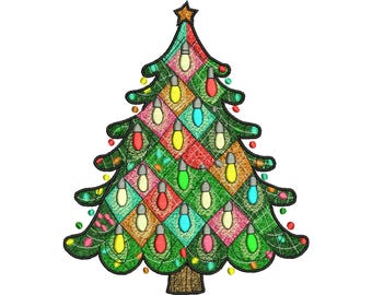 Christmas Tree Lights Embroidery Design | Patchwork Tree with Colourful Bulbs | Machine Embroidery File (Digital Download)