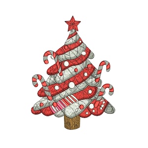 May include: A festive Christmas tree design with red and white stripes, candy cane accents, and a red star topper. The tree has a textured appearance with white circular ornaments and a brown wooden base. A holiday-themed illustration.