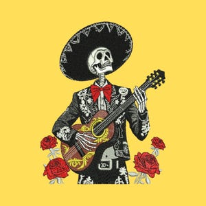 May include: An embroidered design on a yellow background featuring a skeleton wearing a black charro suit with white detailing, a large black sombrero, and a red bow tie. The skeleton plays a brown acoustic guitar surrounded by four red roses.