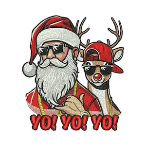 May include: Embroidered design featuring Santa Claus and a reindeer, both wearing sunglasses and red caps. Santa has a white beard and gold chain. The text "YO! YO! YO!" is at the bottom. Christmas theme.