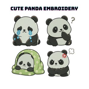 Panda Bundle Embroidery Design | 4 Kawaii Pandas Machine Embroidery | Crying, Baby, Sleepy & Angry Panda | 11 Sizes | Dsy Pes Jef Hus Vp3