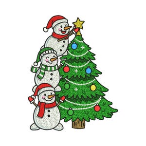 May include: A whimsical Christmas design featuring three snowmen and a decorated Christmas tree. The snowmen wear red and green hats, scarves, and mittens. The tree is adorned with colorful ornaments and a gold star on top. The design is set against a white background.