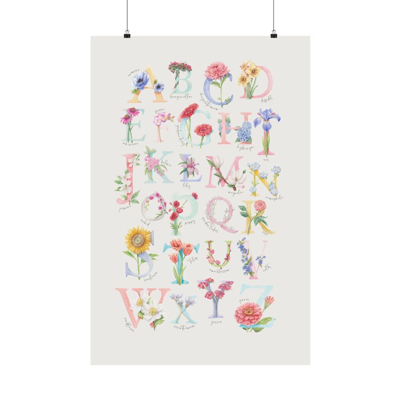 Botanical Watercolor Alphabet Poster Matte Vertical Poster | Nursery ...