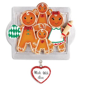 Gingerbread Cookie Family of 4 Personalized Christmas Ornament Made with Love