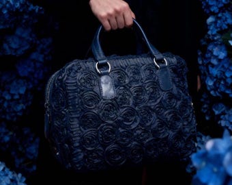 Valentino Garavani Rosier Black Fabric Applique Flowers Tote Bag Handbag