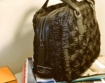 Valentino Garavani Rosier Black Fabric Applique Flowers Tote Bag