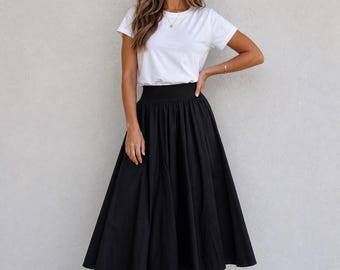 Polo Ralph Lauren Black Cotton Poplin Midi Skirt with Wide Elastic Waistband