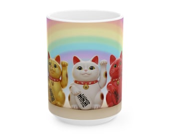 Japanese Lucky Cat Ceramic Mug, Maneki Neko Coffee Cup (11oz, 15oz)