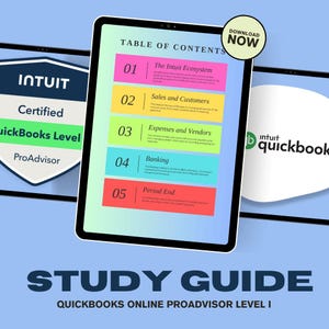 Może przedstawiać: Tablet cyfrowy wyświetla "Spis treści" dla przewodnika po nauce QuickBooks Online ProAdvisor Level I. Kolorowe sekcje obejmują tematy takie jak "Ekosystem Intuit" i "Bankowość". Widoczne są również logo Intuit i QuickBooks.