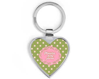 Polka Dot Matcha and Sweets Heart Keychain | Green Pink Dessert Design