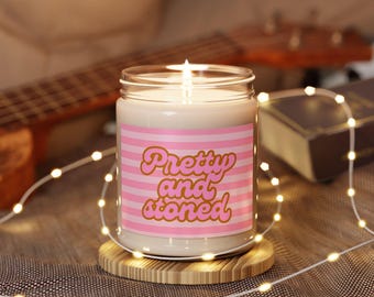 Pretty and Stoned Candle | Scented Soy Candle 9oz, Pink Retro Script